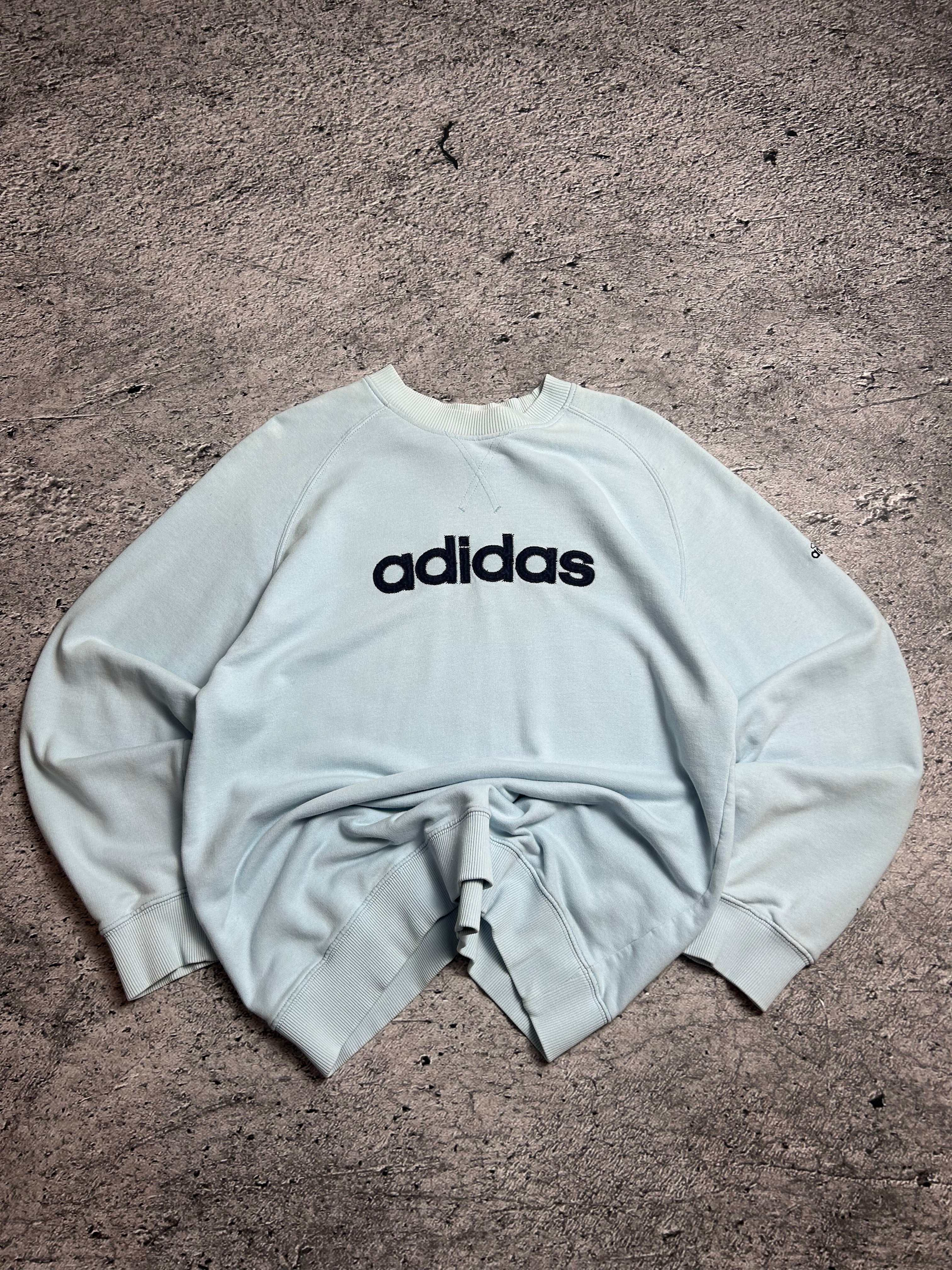 Vintage Damska Błękitna Bluza Crewneck Adidas Central Spellout Logo Rozmiar L