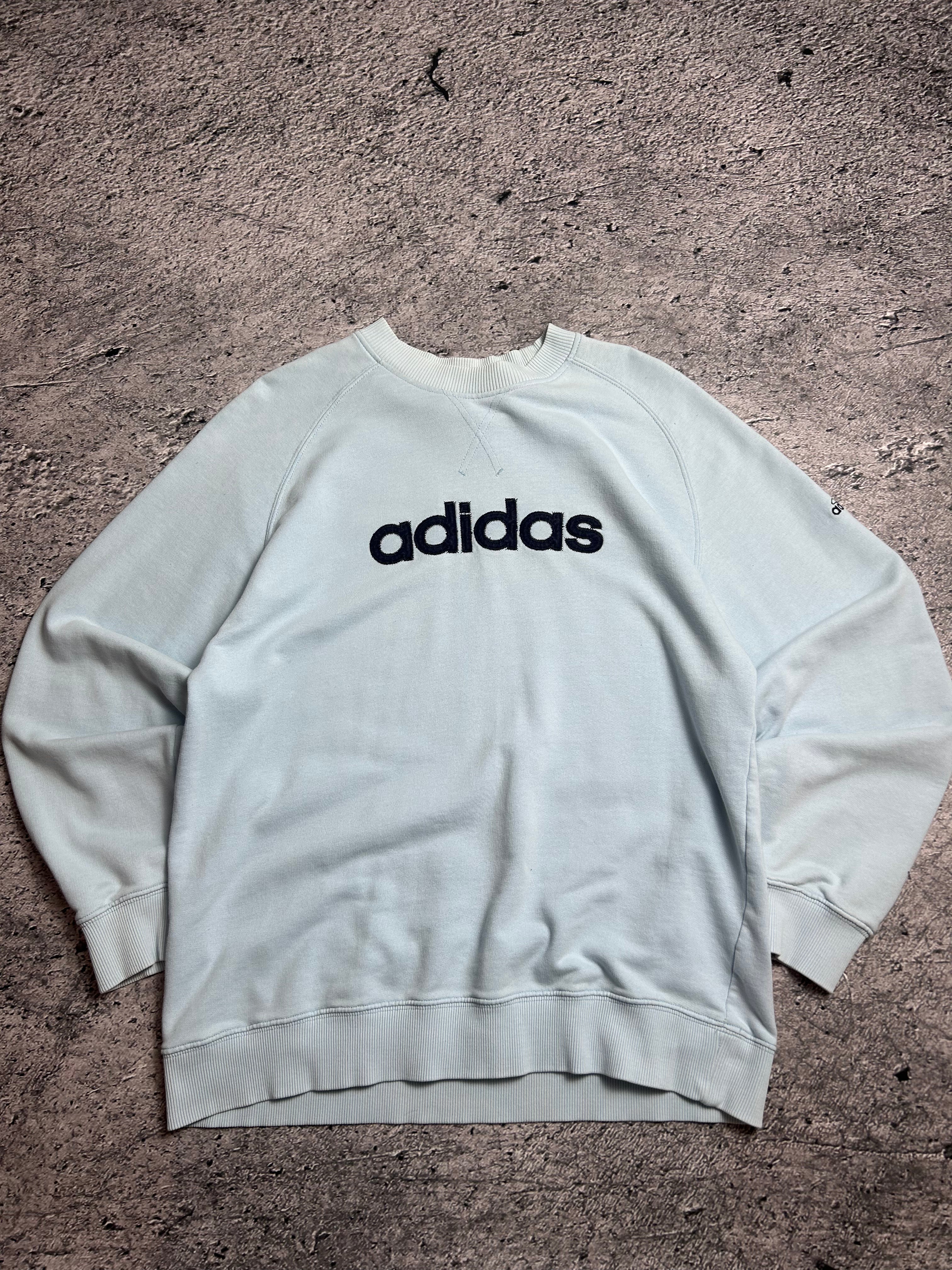 Vintage Damska Błękitna Bluza Crewneck Adidas Central Spellout Logo Rozmiar L