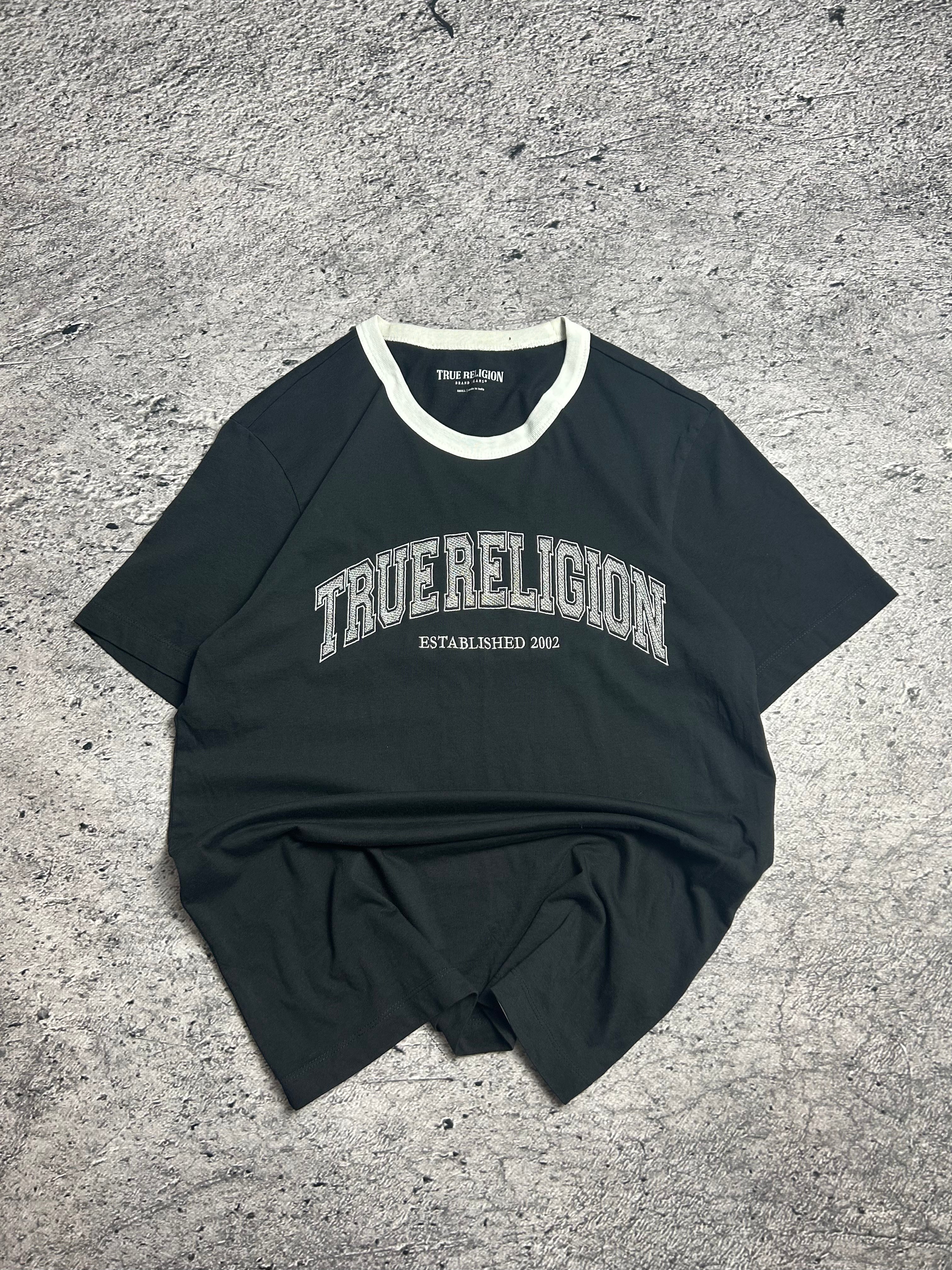 Czarna Koszulka T-Shirt True Religion Embroidery Ringer Logo Rozmiar L