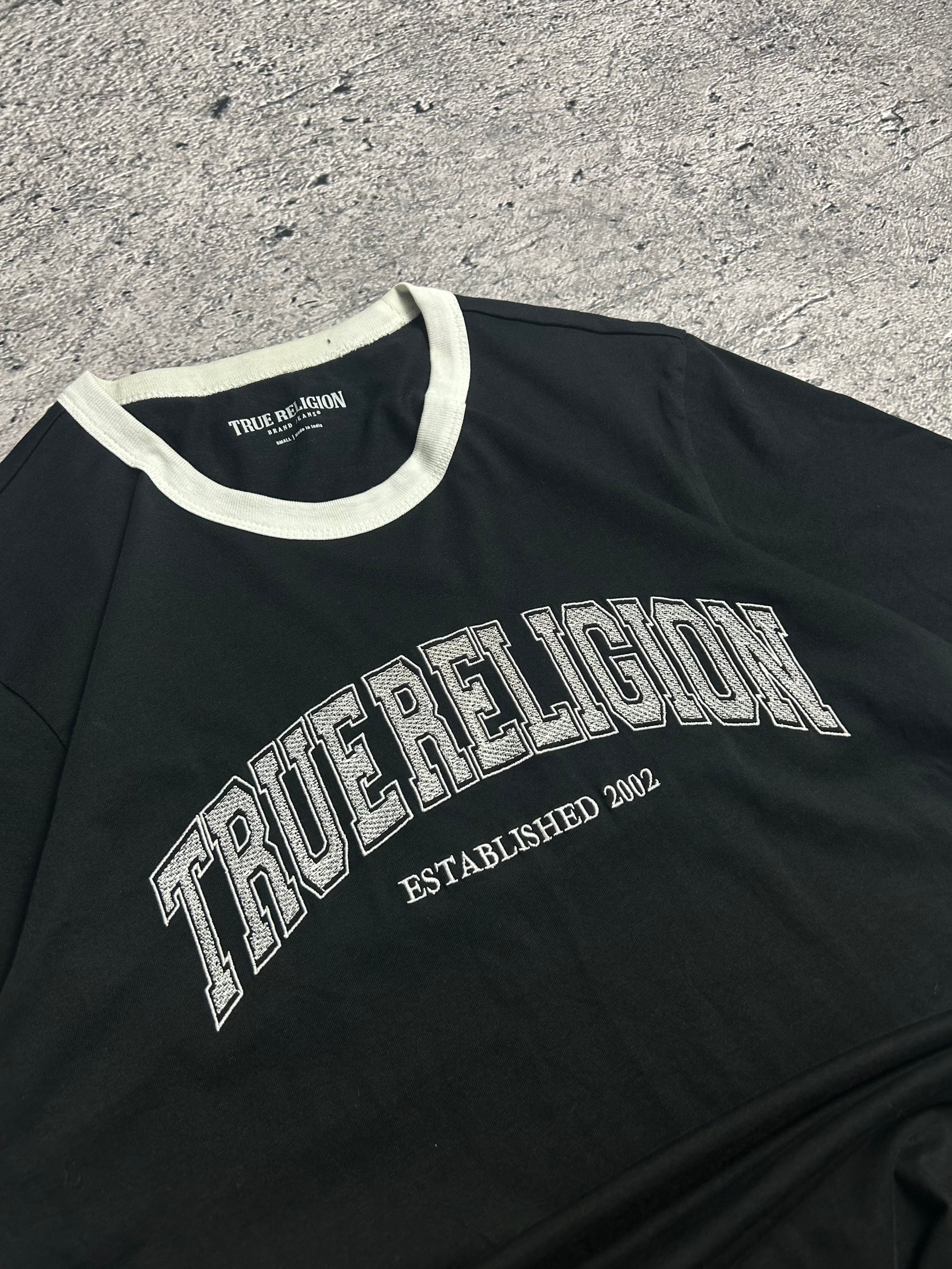 Czarna Koszulka T-Shirt True Religion Embroidery Ringer Logo Rozmiar L