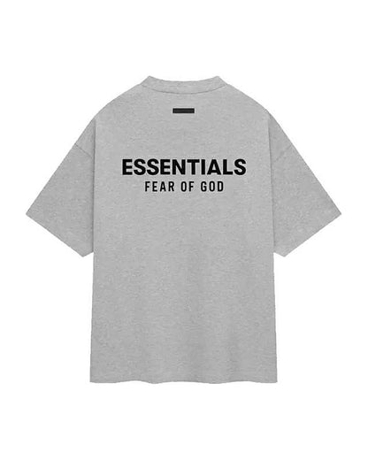 Koszulka Essentials Fear of God Jersey Crewneck Tee Light Heather Grey — tył z napisem