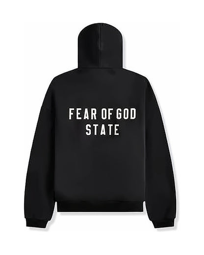 Bluza rozpinana Essentials Fear of God FW24 Heavy Fleece Zip-Up Black — tył z napisem State